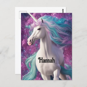 Carte Postale Magnifique licorne blanche avec Turquoise et Viole