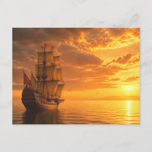 Carte Postale Magnifique navire galion vintage au coucher du sol
