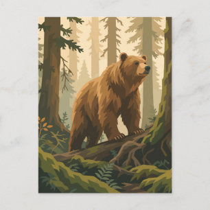 Carte Postale Magnifique ours grizzly dans la forêt de pins Art