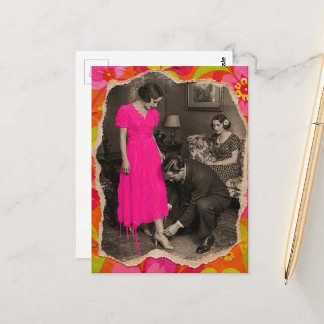 Carte Postale Magnifique robe rose chaud Collage de mode (Devant/Arrière en situation)