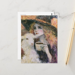 Carte Postale Magnifique sorcière et café de chèvre angora blanc