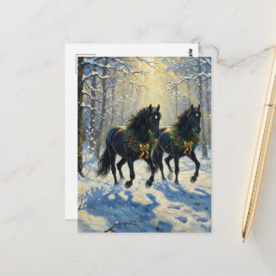 Carte Postale Magnifiques chevaux noirs couronnes dans les bois 