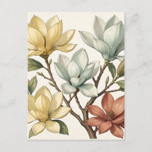 Carte Postale Magnolia élégant aux fleurs crème jaune terracotta
