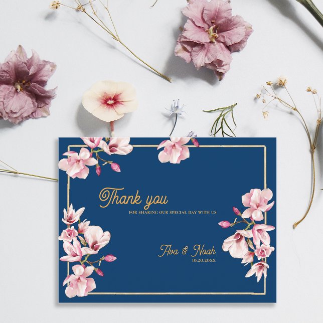 Carte Postale Magnolia Navy Blue Floral Wedding Thank You (Magnolia Navy Blue Floral Wedding Thank You Postcard)