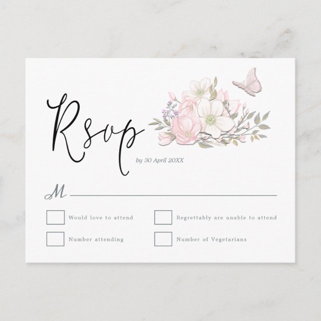 Carte Postale Magnolia Papillon d'aquarelle Script Mariage RSVP (Devant)