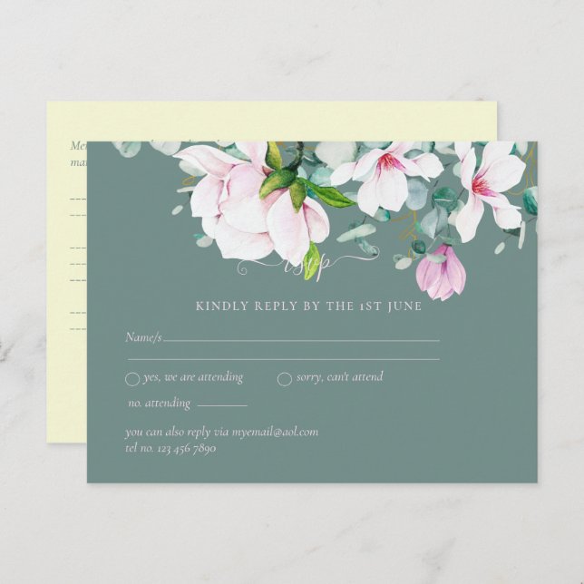 Carte Postale Magnolias rose avec Mariage jaune RSVP (Devant / Derrière)