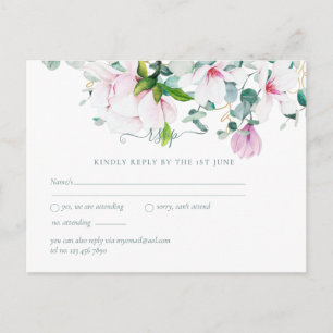 Carte Postale Magnolias rose Sage Eucalyptus Mariage rsvp Postc