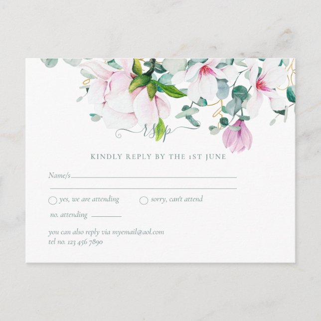 Carte Postale Magnolias rose Sage Eucalyptus Mariage rsvp Postc (Devant)