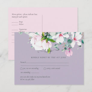 Carte Postale Magnolias roses lavande eucalyptus mariage RSVP