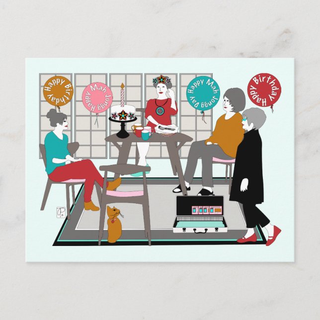 Carte Postale Mah Jongg Chat Anniversaire (Devant)