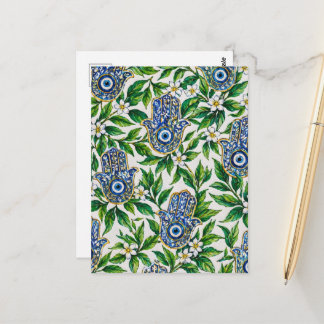 Carte Postale Main de Fatima Hamsa bleue à motif floral