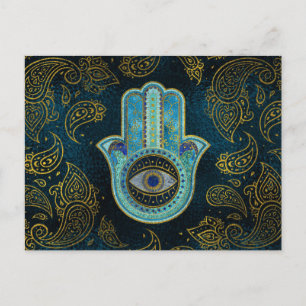 Carte Postale Main Hamsa décorative avec arrière - plan cachemir
