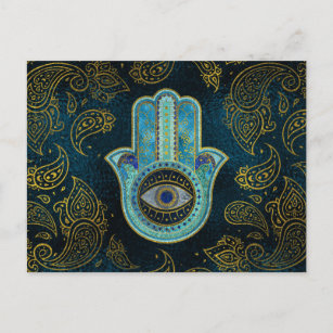 Carte Postale Main Hamsa décorative avec arrière - plan cachemir