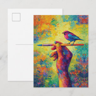 Carte Postale Main tenant un pinceau avec créativité oiseau