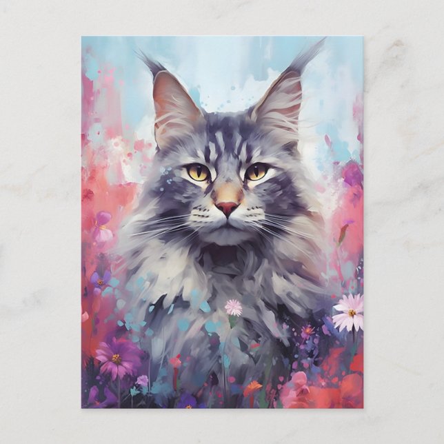 Carte Postale Maine Coon aquarelle colorée (Devant)