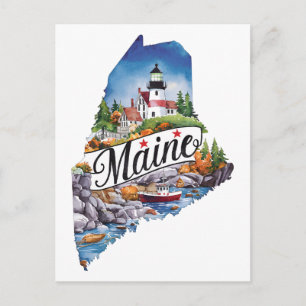 Carte Postale Maine États-Unis État Forme Aquarelle Vintage