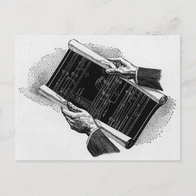 Carte Postale Mains avec plans architecturaux bleus, entreprise  (Devant)