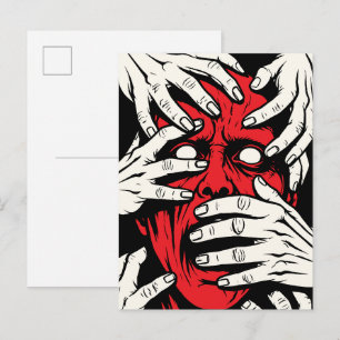 Carte Postale Mains Couvrant le Visage Horreur Art Démon Rouge
