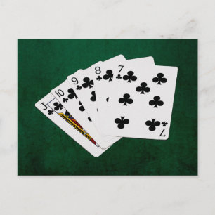 Carte Postale Mains de Poker - Quinte Flush - Couleur Trèfle