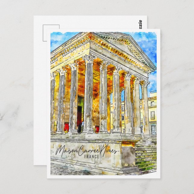 Carte Postale Maison Carree Nimes France Travel Place Watercolor (Devant / Derrière)