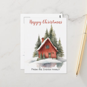 Carte Postale Maison charmante en bois pour Noël en aquarelle 