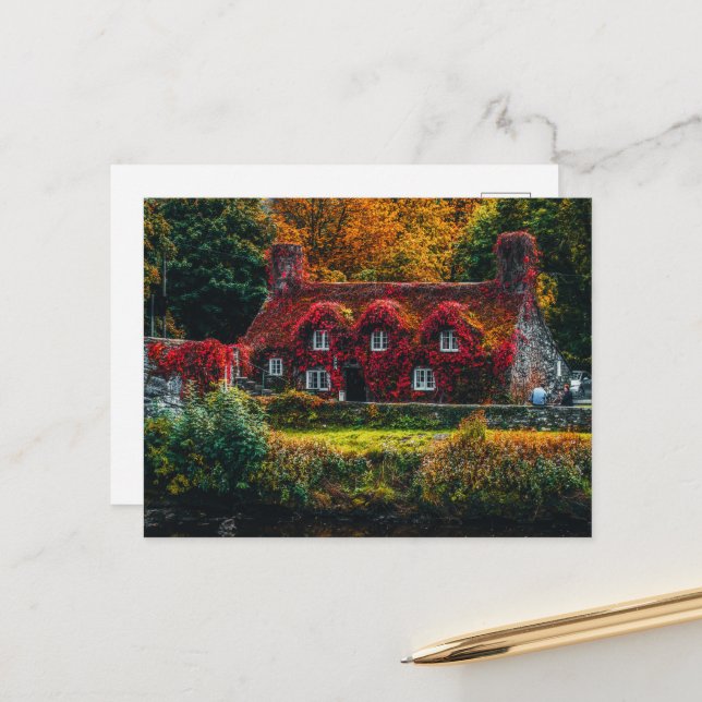 Carte Postale Maison de campagne avec vignes rouges Couvrant la  (Devant/Arrière en situation)