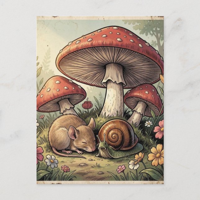 Carte Postale Maison de Campagne Rétro Champignons et Faune (Devant)