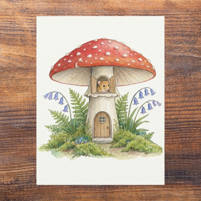 Carte Postale Maison de champignon de souris Fairycore vierge (Fairycore Mushroom Mouse House Whimsical Wildlife Storybook illustration postcard art print for kids)