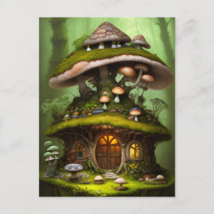 Carte Postale Maison de Fée Champignon Mousseux Adorable
