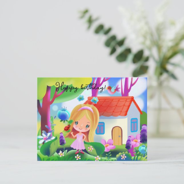 Carte Postale Maison de fée et fille de dessin animé mignonne (Debout devant)