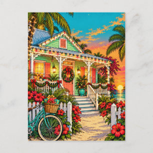 Carte Postale Maison de Key West avec des palmiers et des hibisc