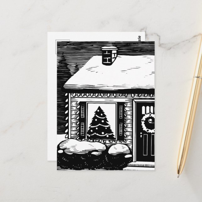 Carte Postale Maison de Noël Arbre dans la fenêtre Noir et blanc (Devant/Arrière en situation)