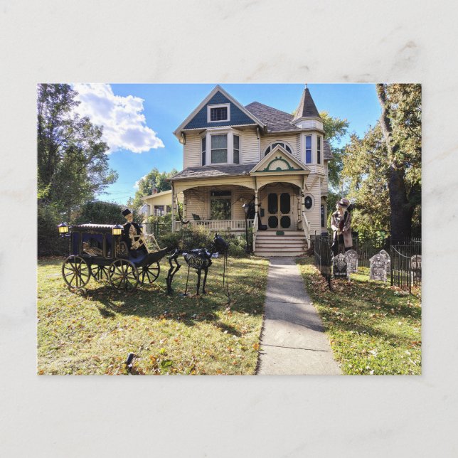 Carte Postale Maison d'Halloween hantée avec des squelettes  (Devant)