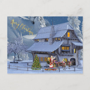 Carte Postale Maison d'hiver et Père Noël
