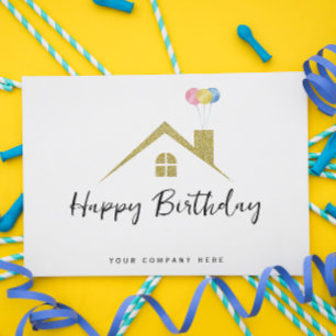 Carte Postale Maison dorée avec ballons joyeux anniversaire immo