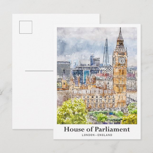 Carte Postale Maison du Parlement London Watercolor Main tirée (Devant / Derrière)