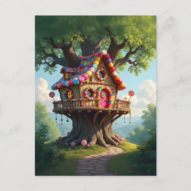 Carte Postale Maison En Arbre Whimsical Avec Candies Colorées (Devant)
