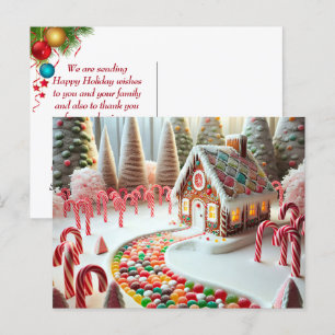 Carte Postale Maison en pain d'épice avec cannes de bonbon
