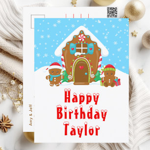 Carte Postale Maison en pain d'épice rouge et bleu Joyeux Annive