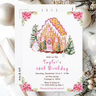 Carte Postale Maison en pain d'épices rose pour fête d'anniversa