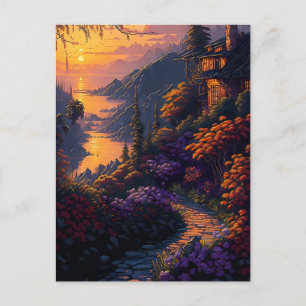 Carte Postale Maison entourée de fleurs et de montagnes