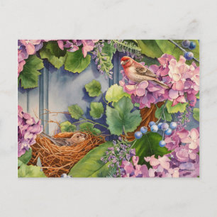 Carte Postale Maison Finch Pair Nest dans Wreath Aquarelle Art