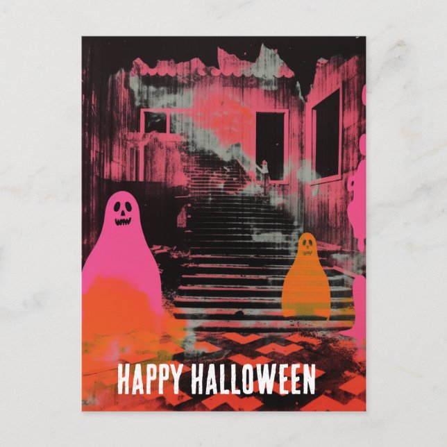 Carte Postale Maison Halloween Rétro Hantée Fantômes rose Orange (Devant)