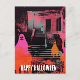 Carte Postale Maison Halloween Rétro Hantée Fantômes rose Orange