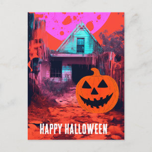 Carte Postale Maison Halloween rétro Hantée Rose Orange bleu