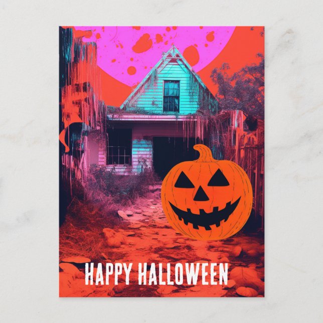 Carte Postale Maison Halloween rétro Hantée Rose Orange bleu (Devant)