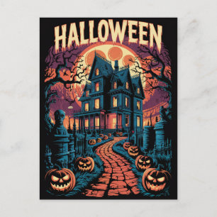 Carte Postale Maison hantée de citrouilles effrayantes Halloween