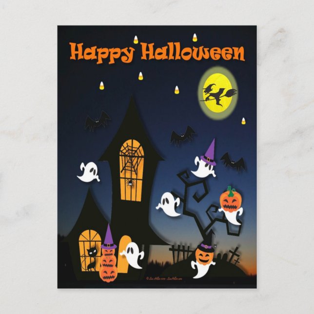 Carte Postale Maison hantée de Halloween joyeux (Devant)