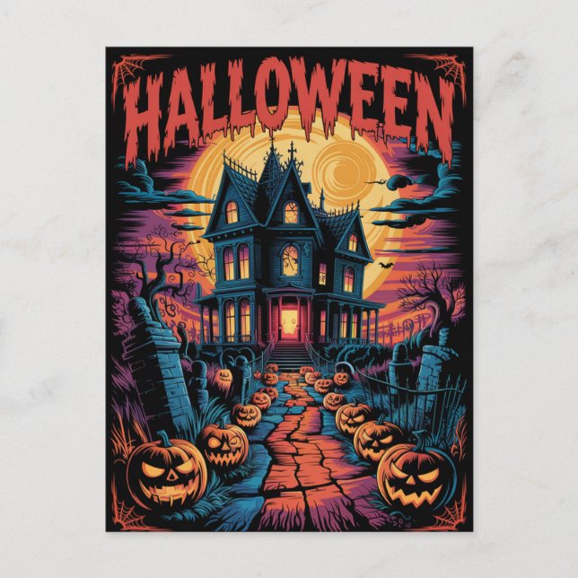 Carte Postale Maison hantée effrayante de citrouilles d'Hallowee (Devant)
