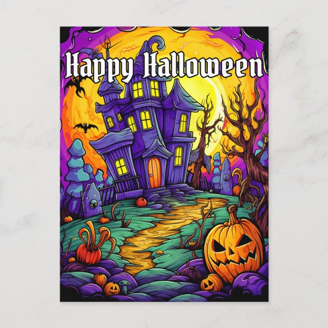 Carte Postale Maison Hantée Effrayante | Joyeux Halloween (Devant)